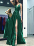 A Line Spaghetti Straps V Neck Emerald Green Satin Prom Dresses with Slit LBQ3737